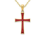 14K Yellow Gold Cross Pendant Necklace with Red Enamel and Chain